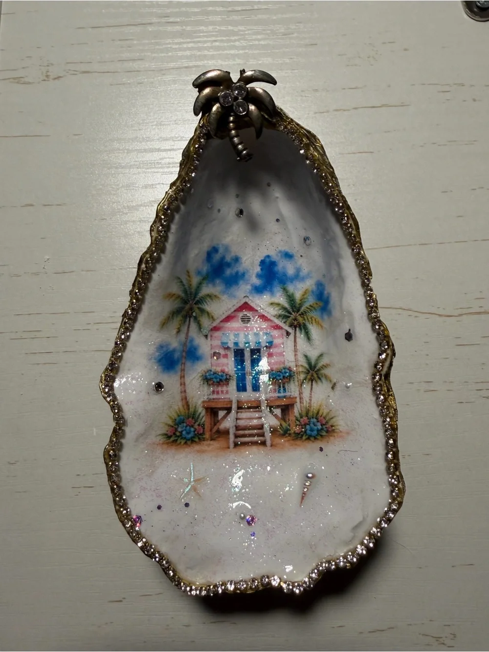Handmade decoupage Decorative beach shack Oyster Shell trinket dish